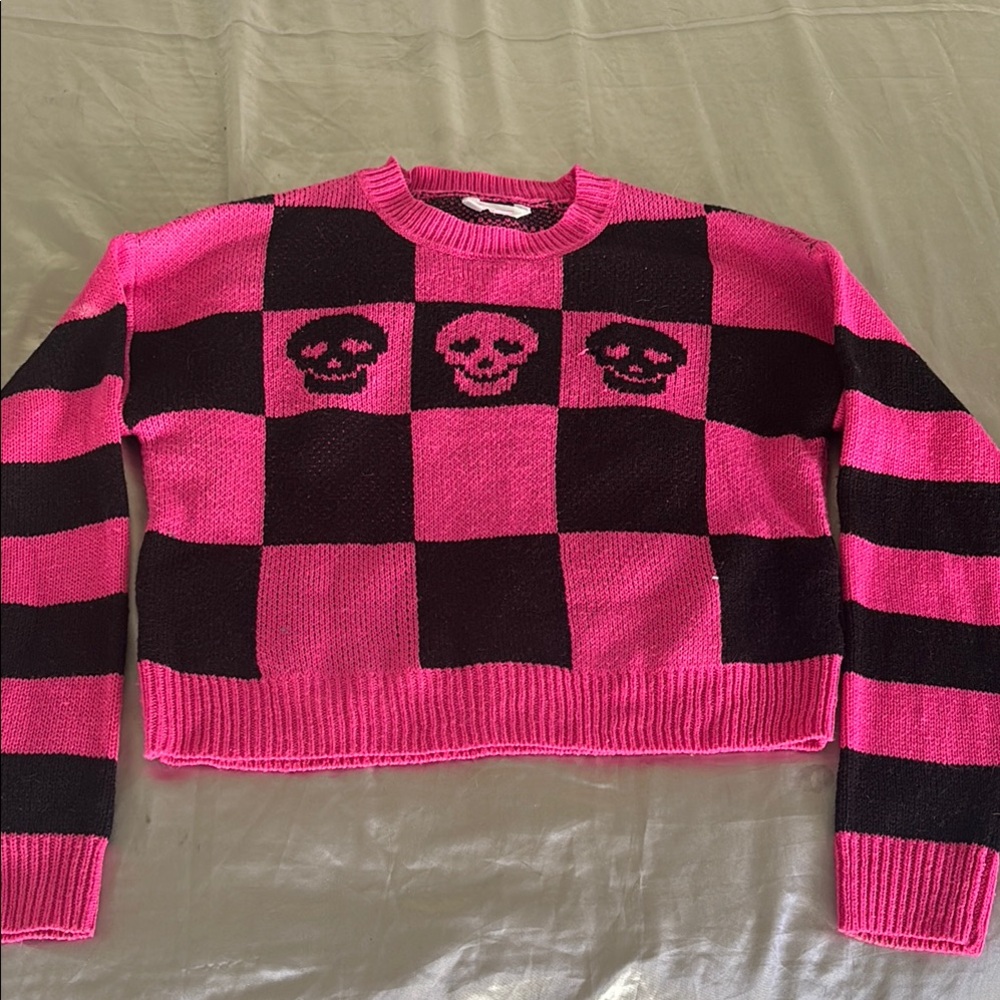 No Boundaries Pink and Black Skull Crew Neck Sweater